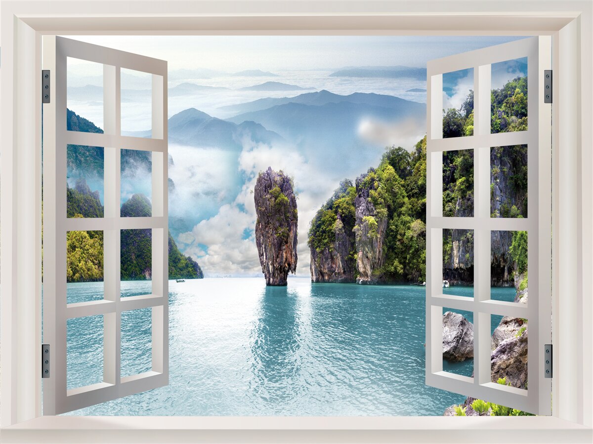 Фотошпалери вікно з видом на ландшафт скель і спокійні морські пейзажі
