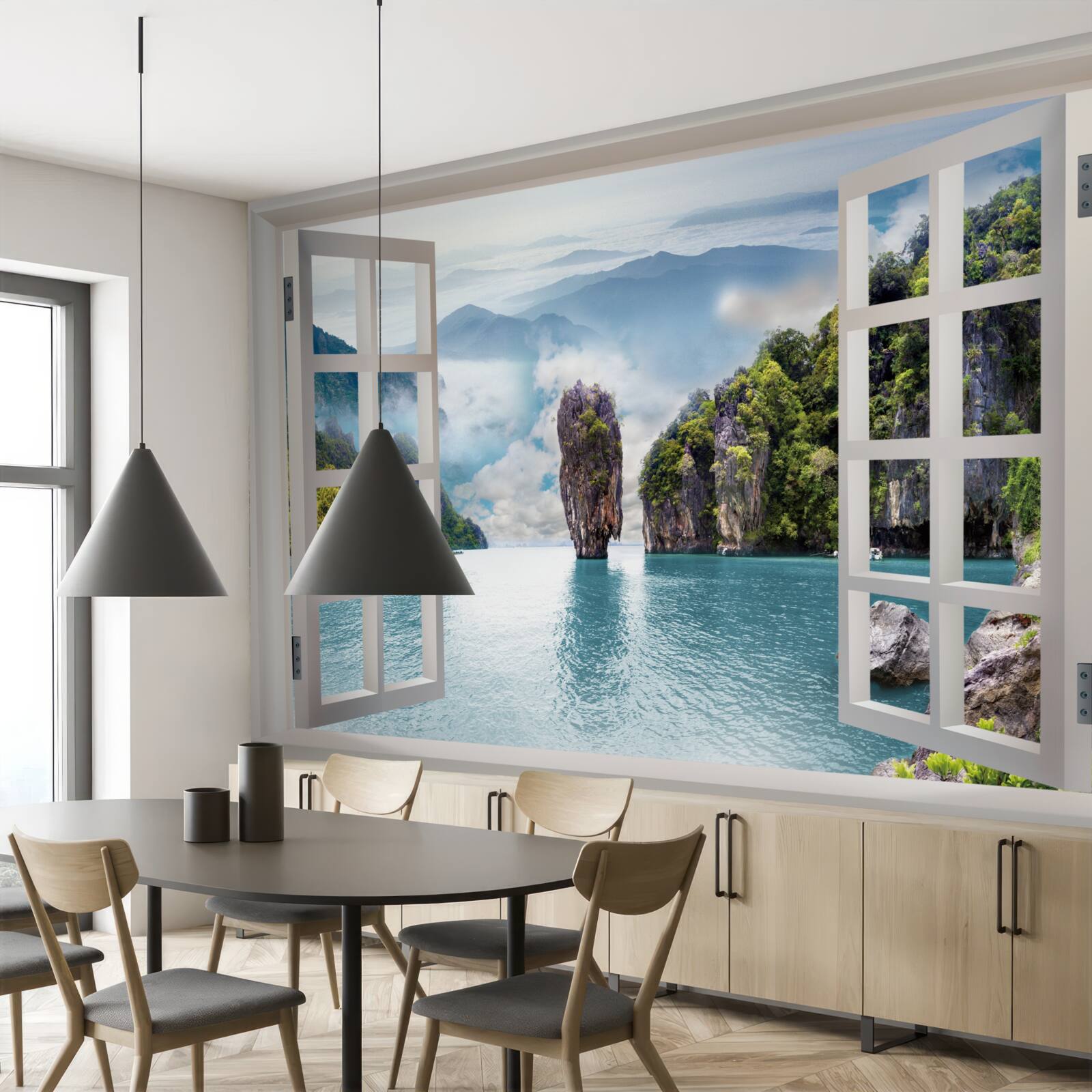 Фотошпалери вікно з видом на ландшафт скель і спокійні морські пейзажі