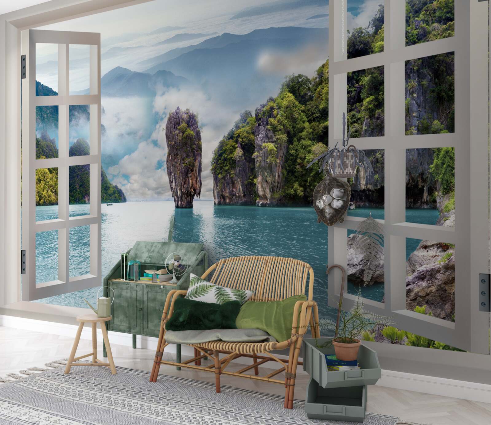 Фотошпалери вікно з видом на ландшафт скель і спокійні морські пейзажі