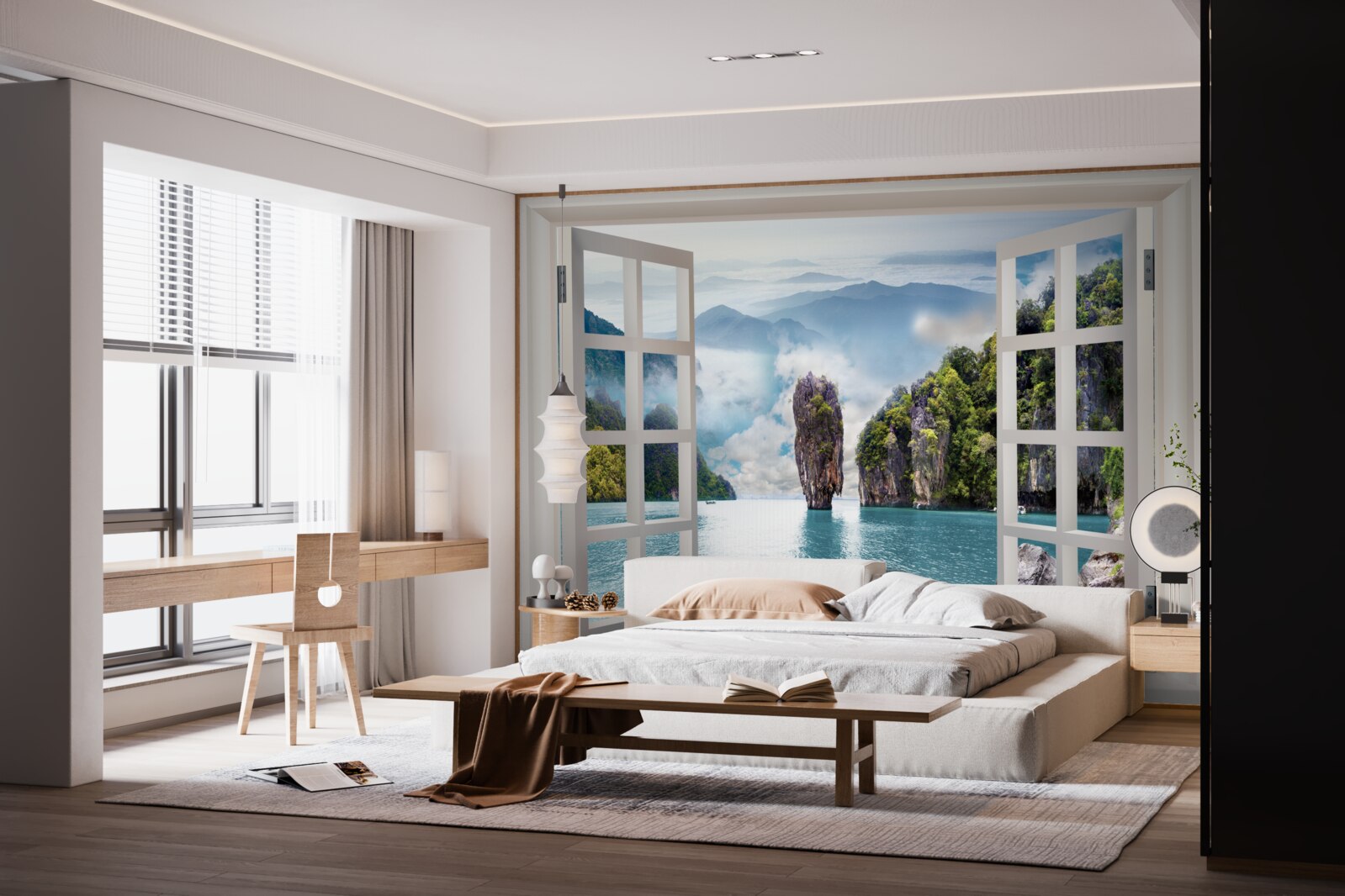 Фотошпалери вікно з видом на ландшафт скель і спокійні морські пейзажі