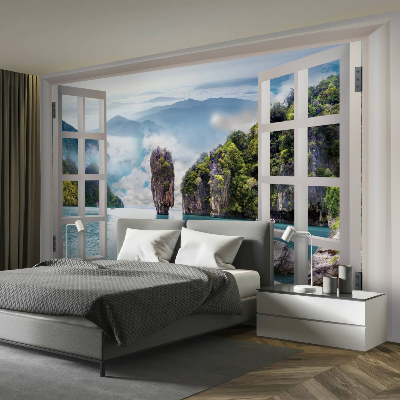 Фотошпалери вікно з видом на ландшафт скель і спокійні морські пейзажі