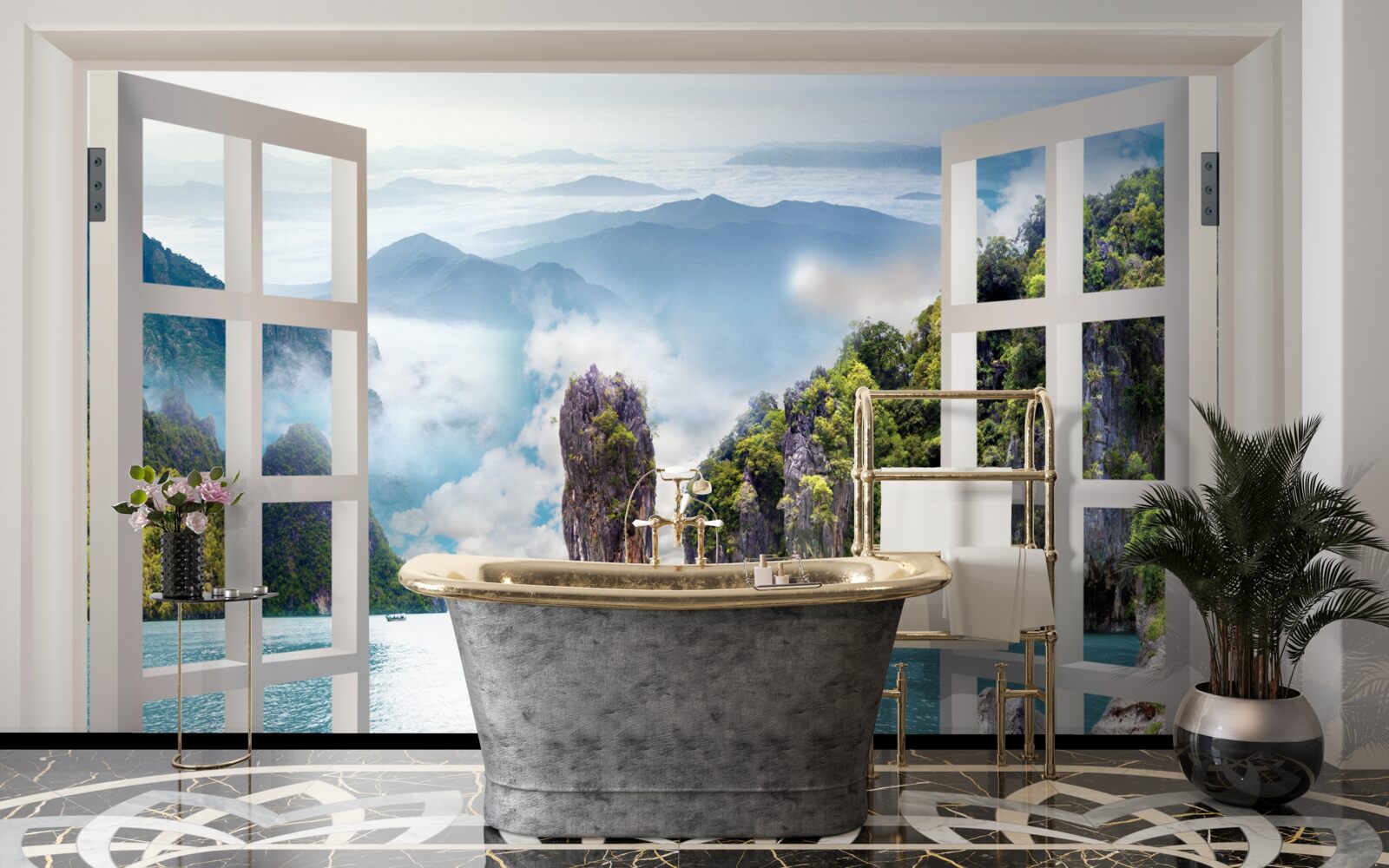 Фотошпалери вікно з видом на ландшафт скель і спокійні морські пейзажі