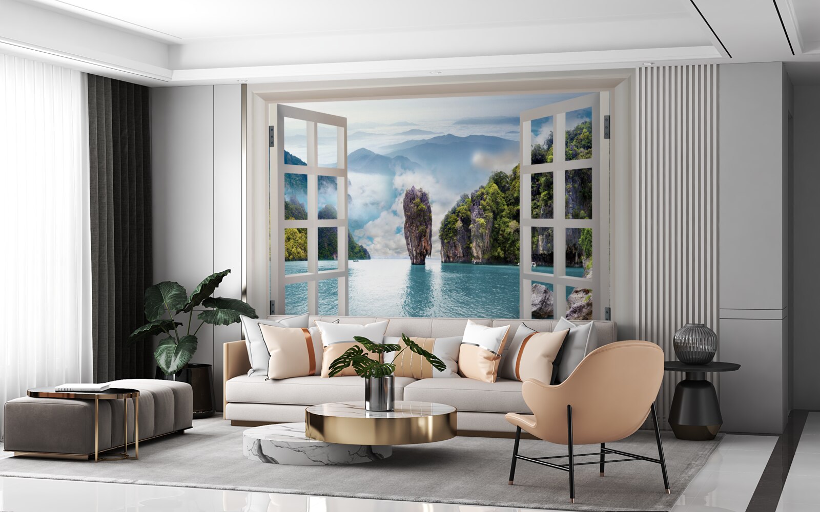 Фотошпалери вікно з видом на ландшафт скель і спокійні морські пейзажі