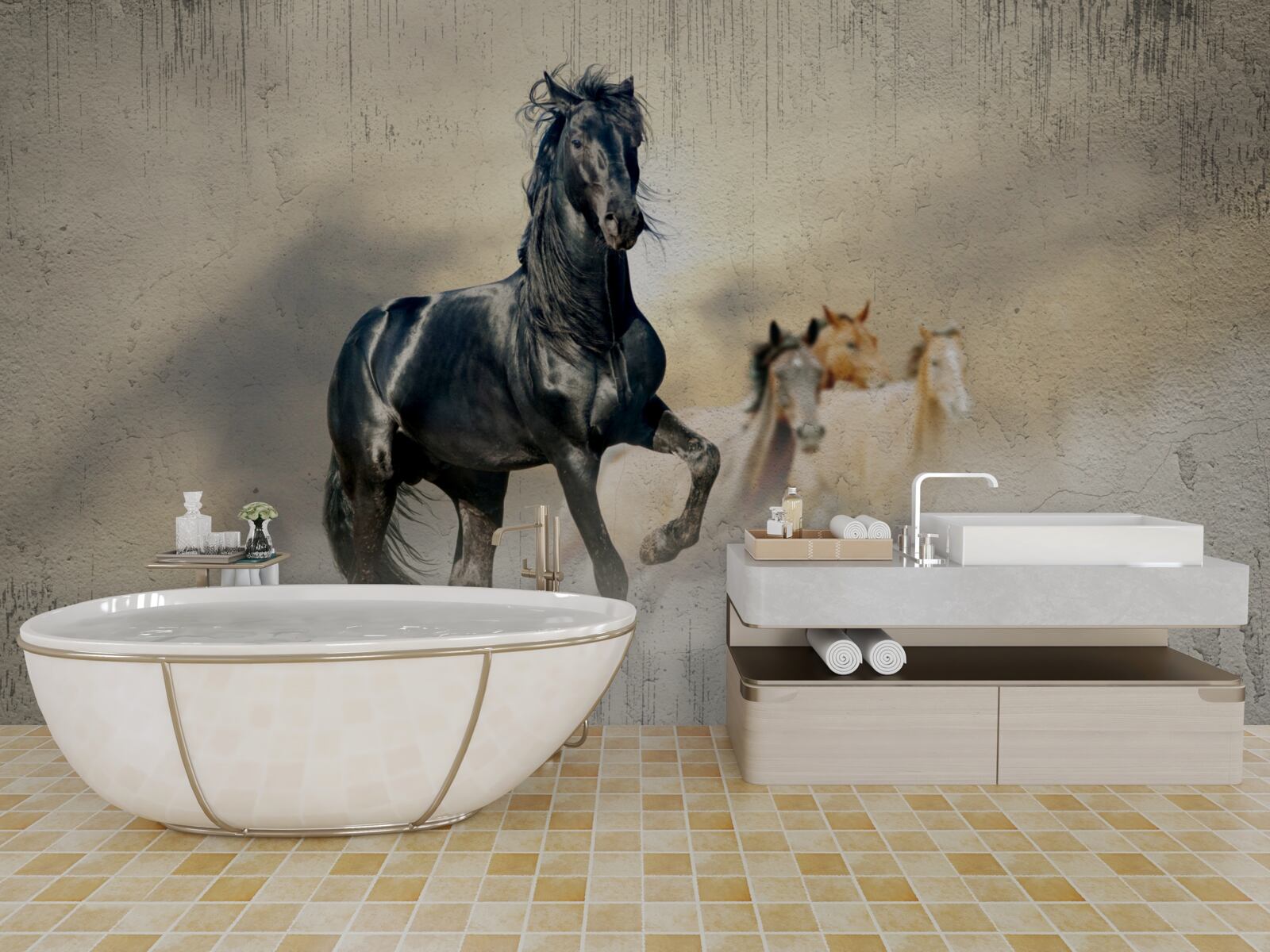 Фотошпалери табун коней пасеться на великому лузі