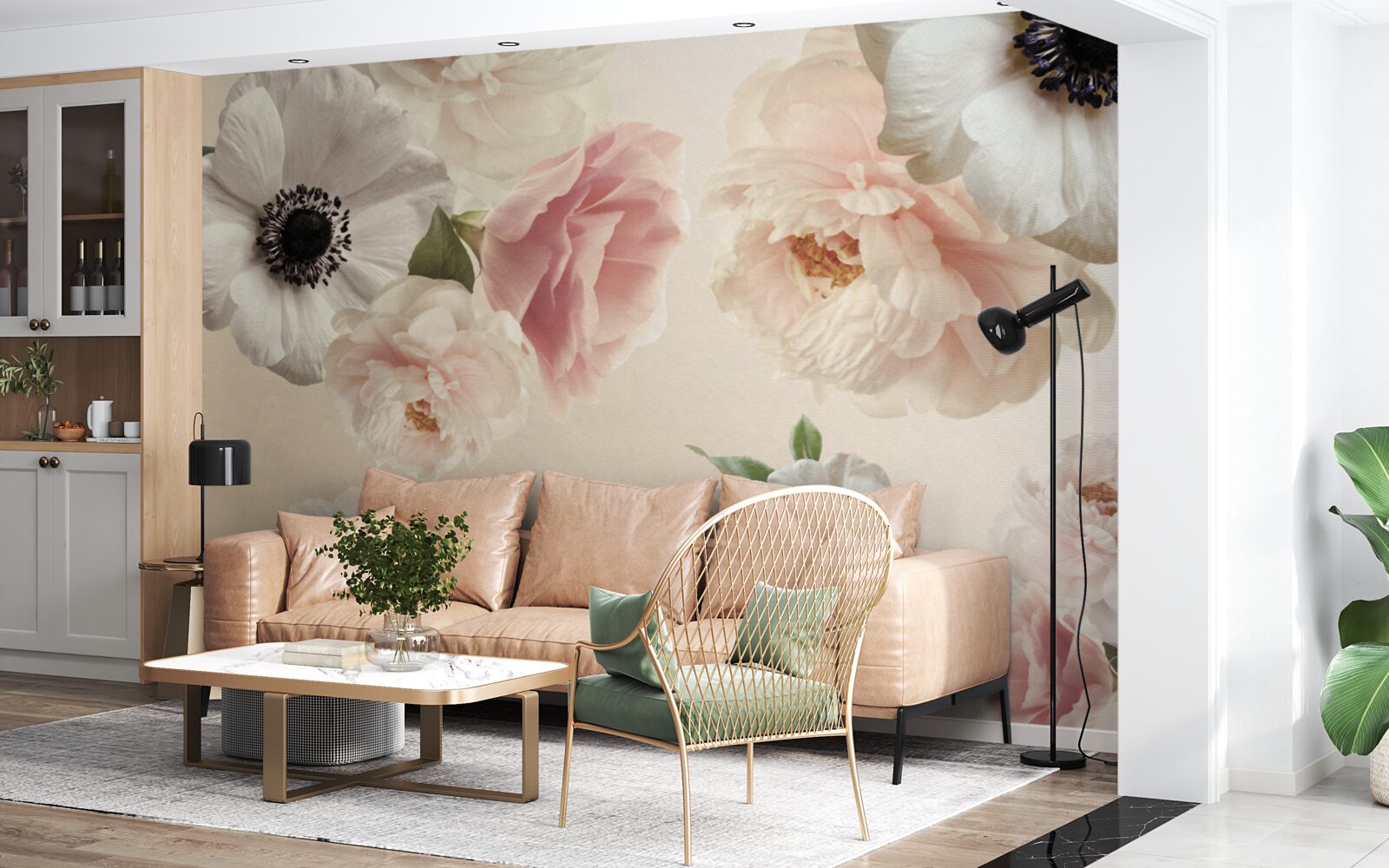 Фотошпалери рожева троянда з білим маком