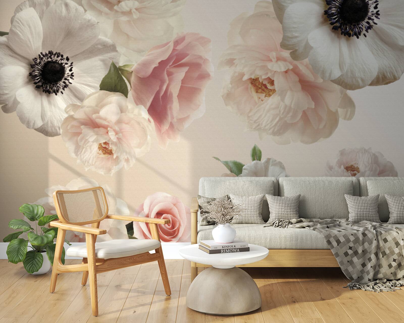 Фотошпалери рожева троянда з білим маком