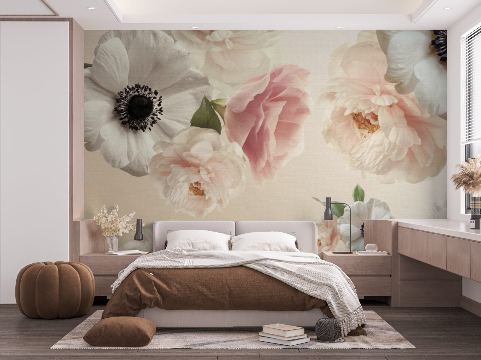 Фотошпалери рожева троянда з білим маком