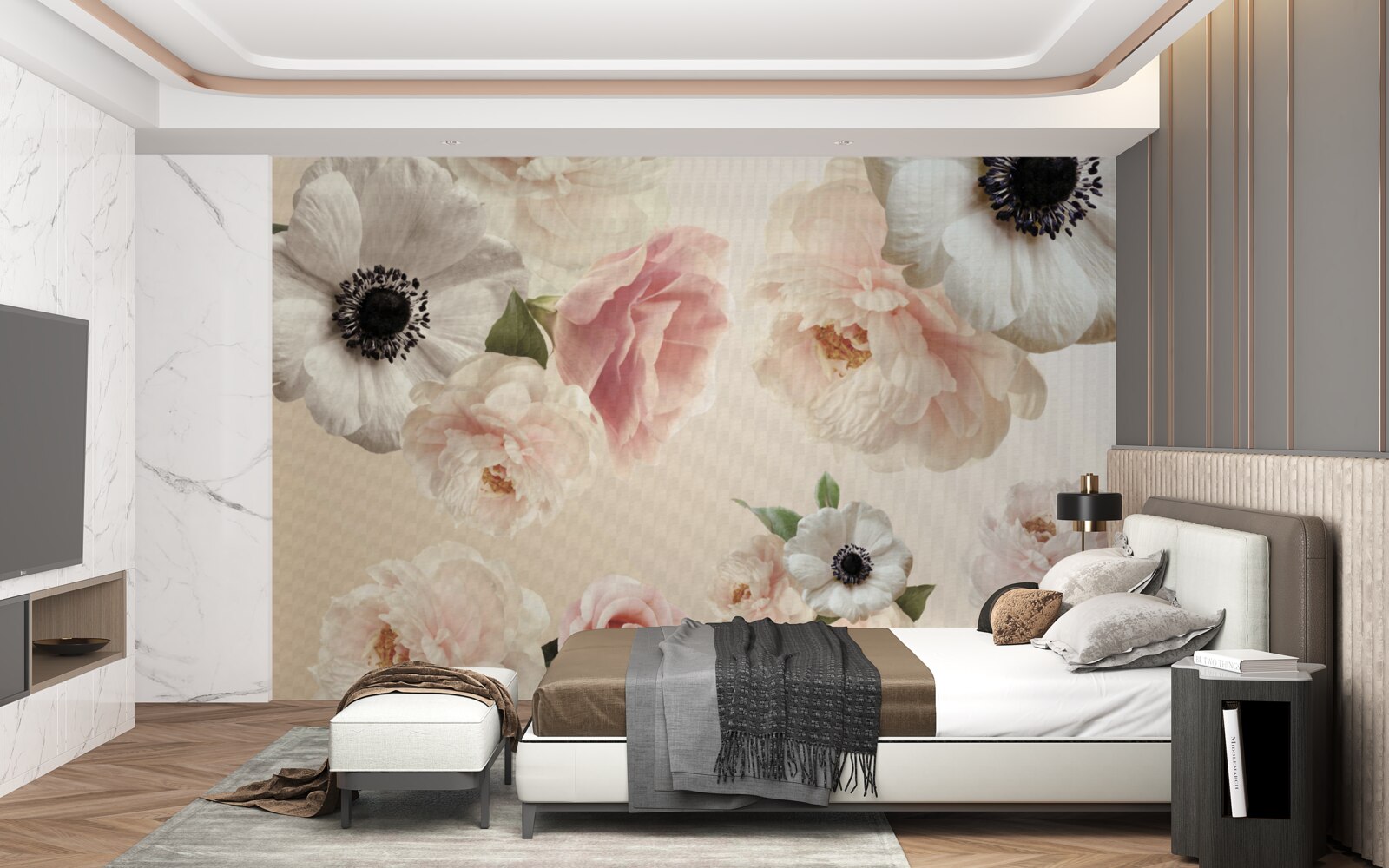 Фотошпалери рожева троянда з білим маком