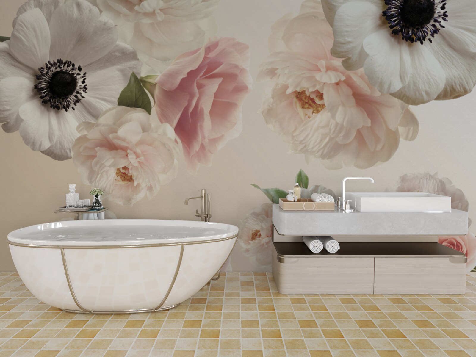 Фотошпалери рожева троянда з білим маком