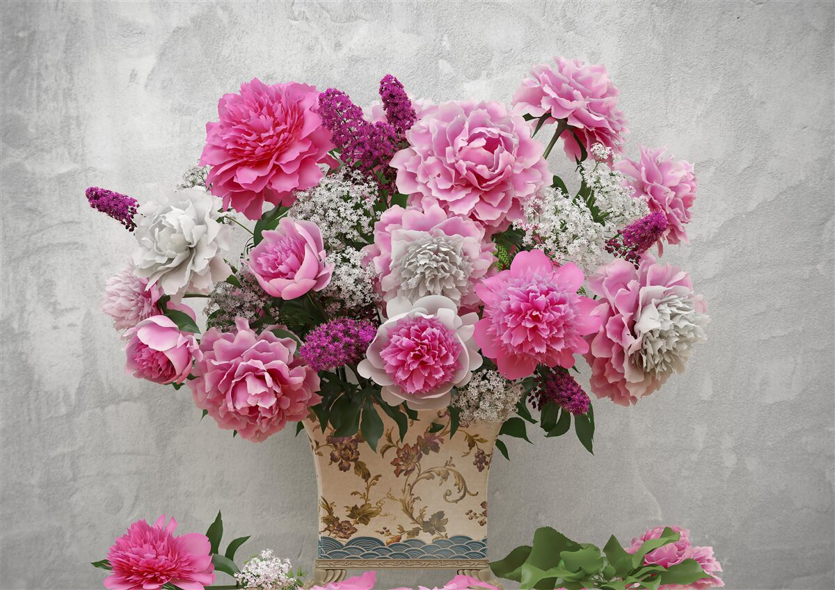 Фотошпалери композиція з білих ромашок та квітів бузку