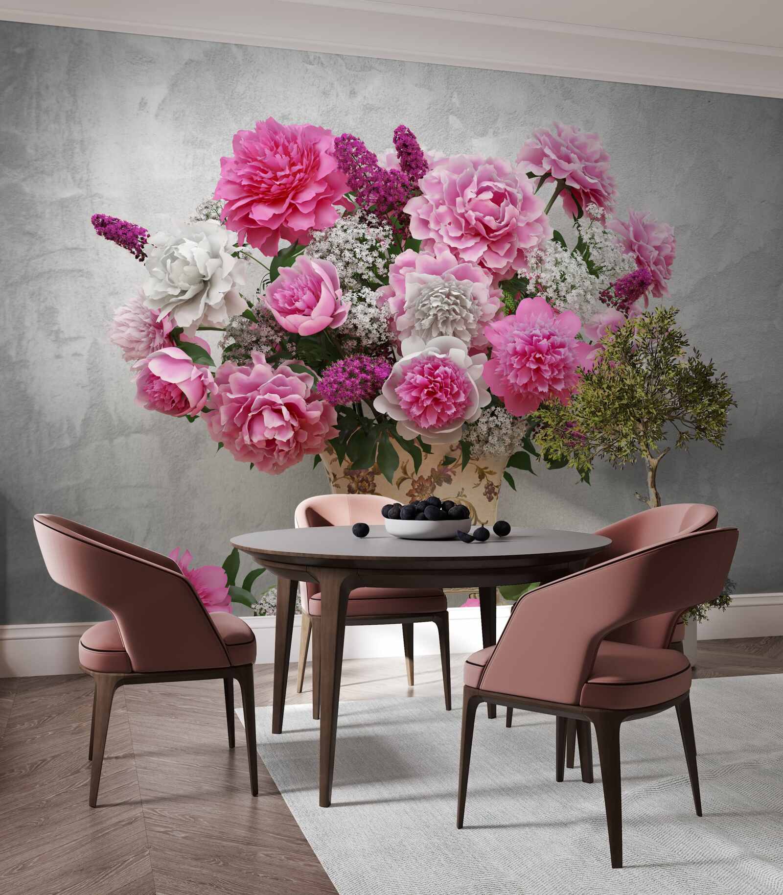 Фотошпалери композиція з білих ромашок та квітів бузку