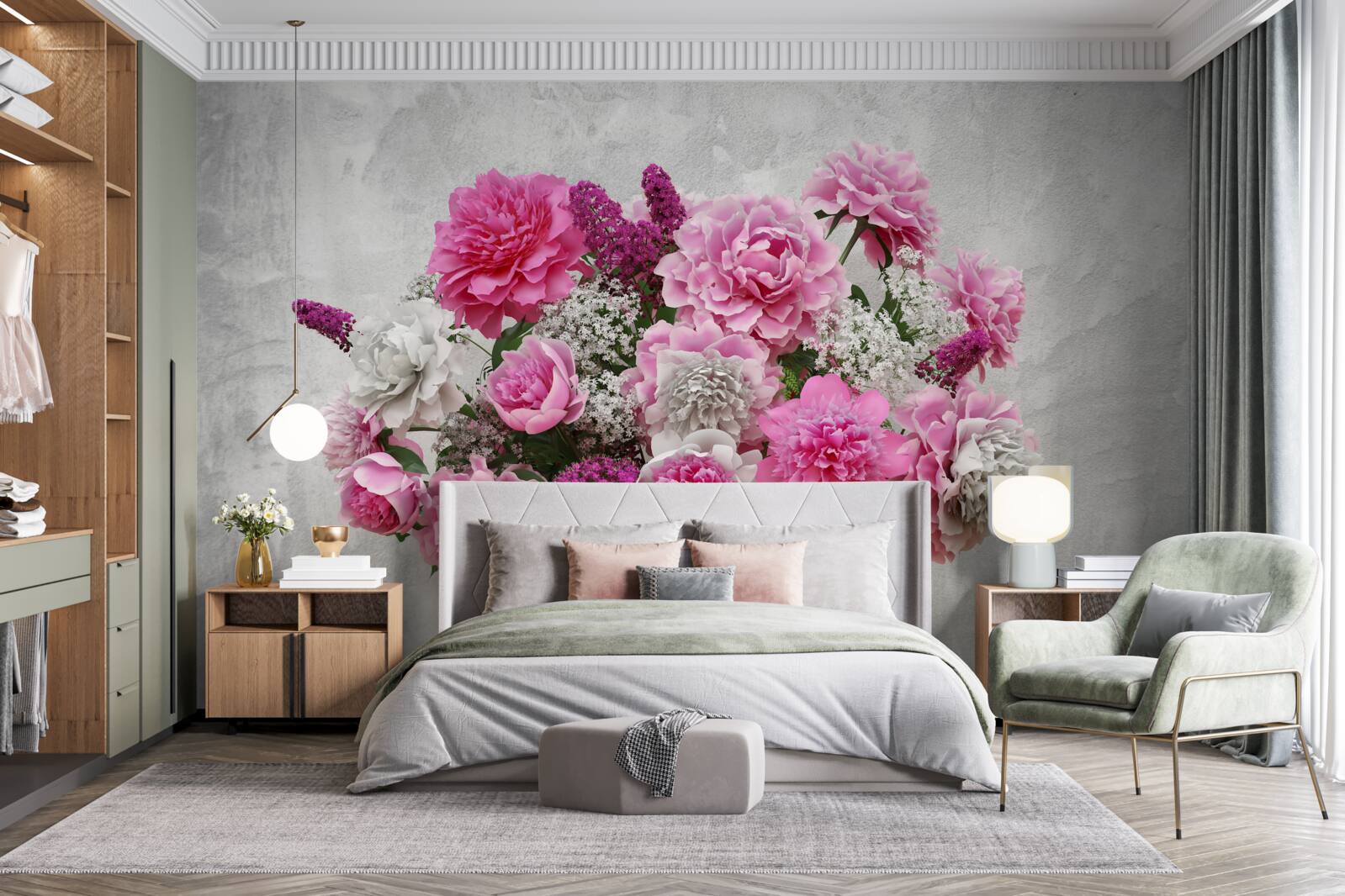 Фотошпалери композиція з білих ромашок та квітів бузку