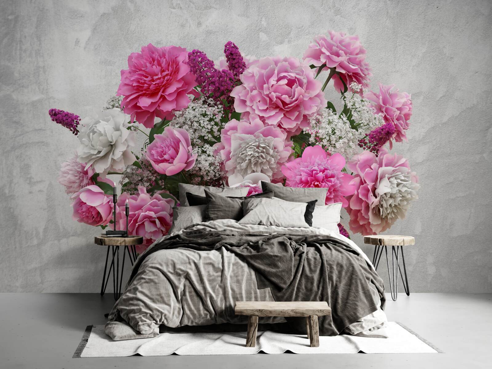 Фотошпалери композиція з білих ромашок та квітів бузку