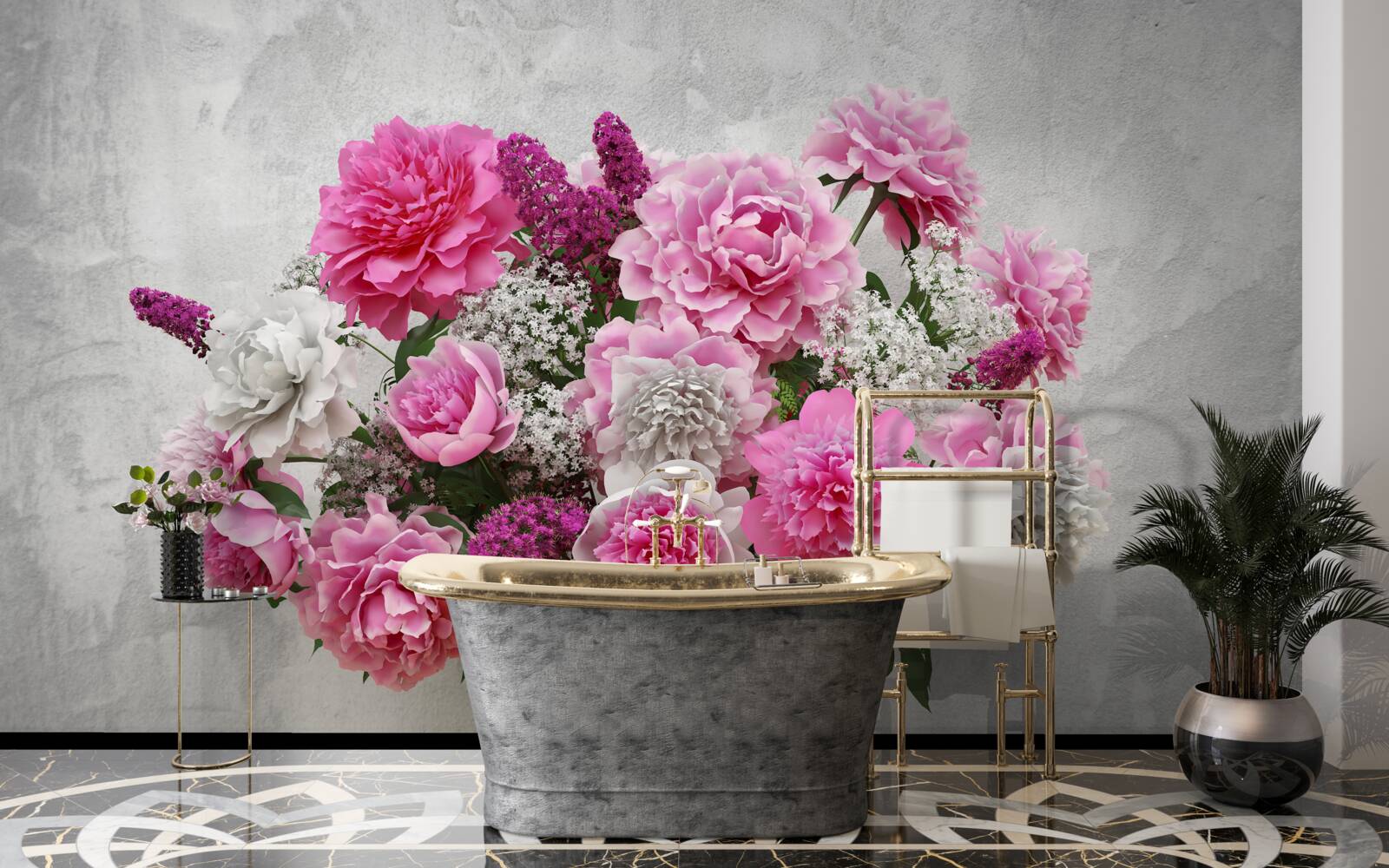 Фотошпалери композиція з білих ромашок та квітів бузку