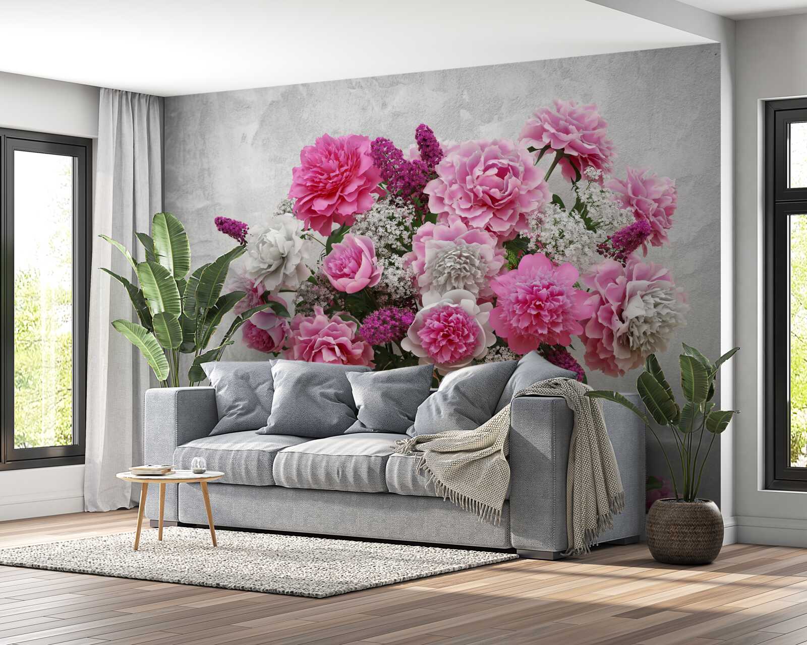 Фотошпалери композиція з білих ромашок та квітів бузку