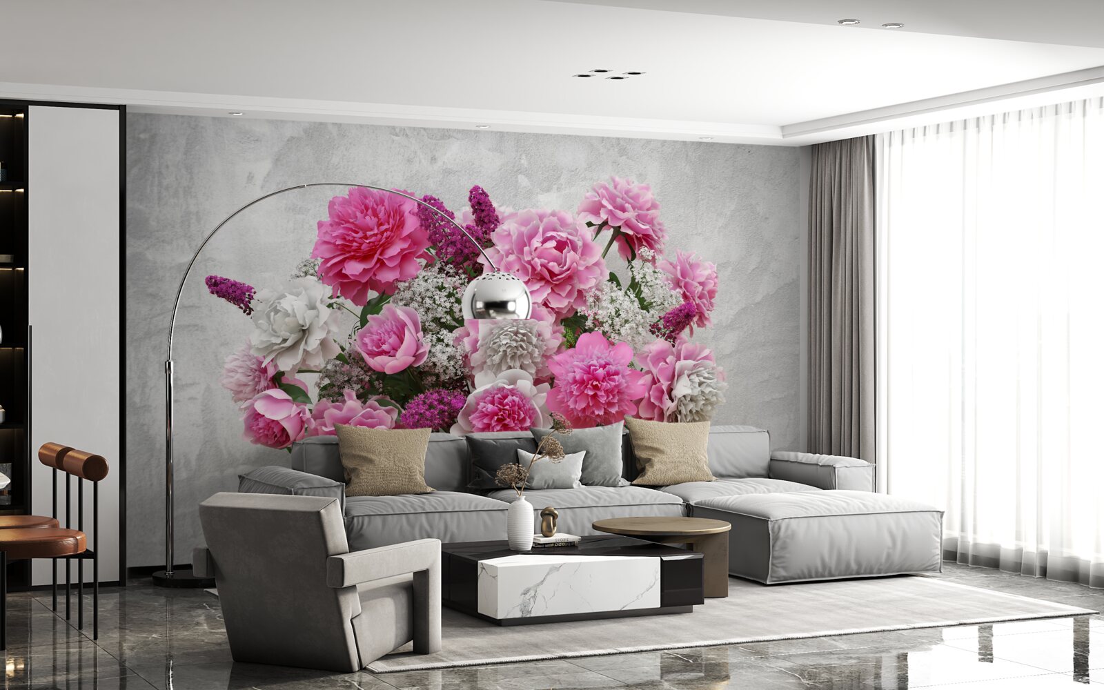 Фотошпалери композиція з білих ромашок та квітів бузку