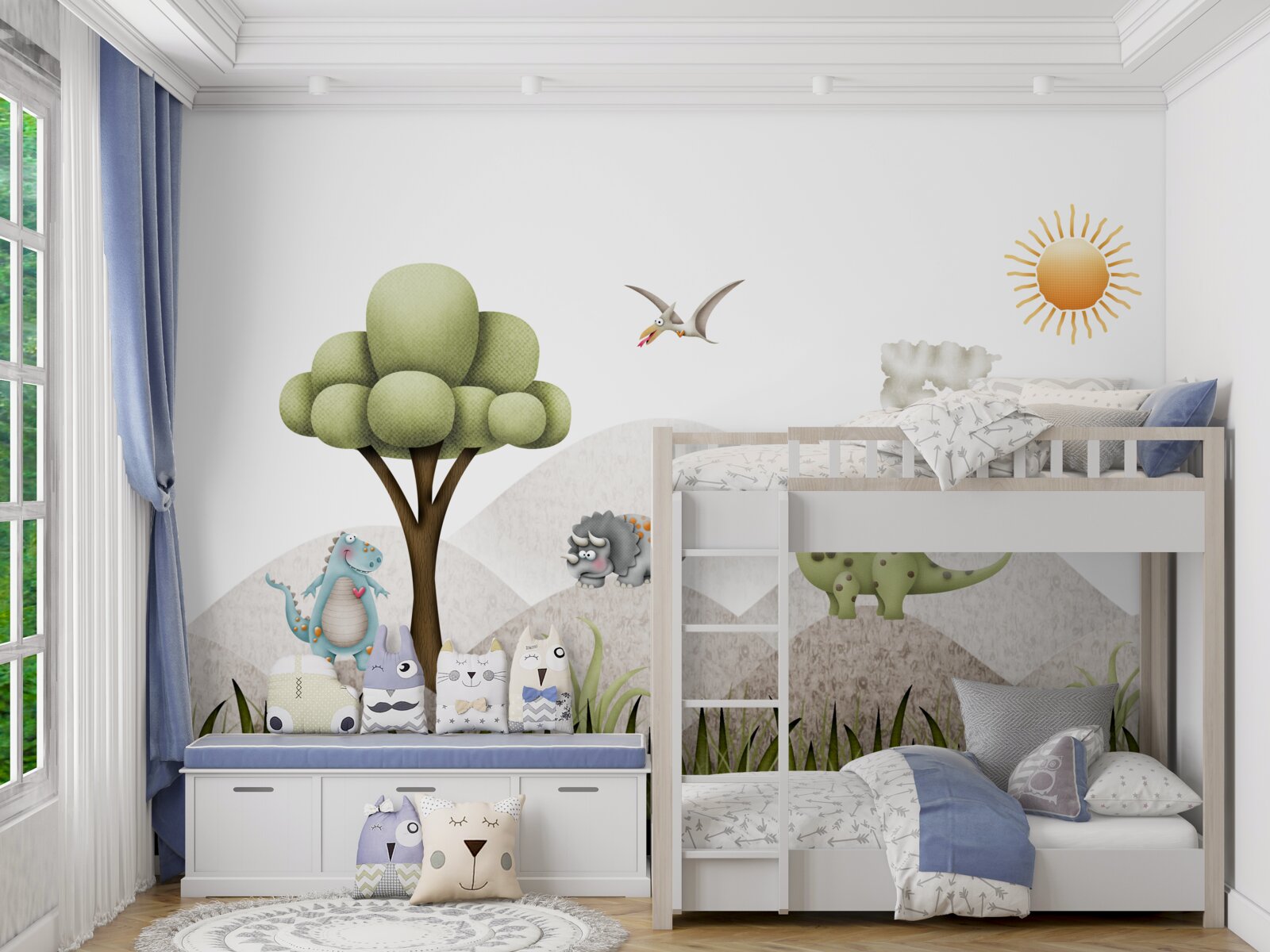 Фотошпалери динозаври гуляють біля вулкана