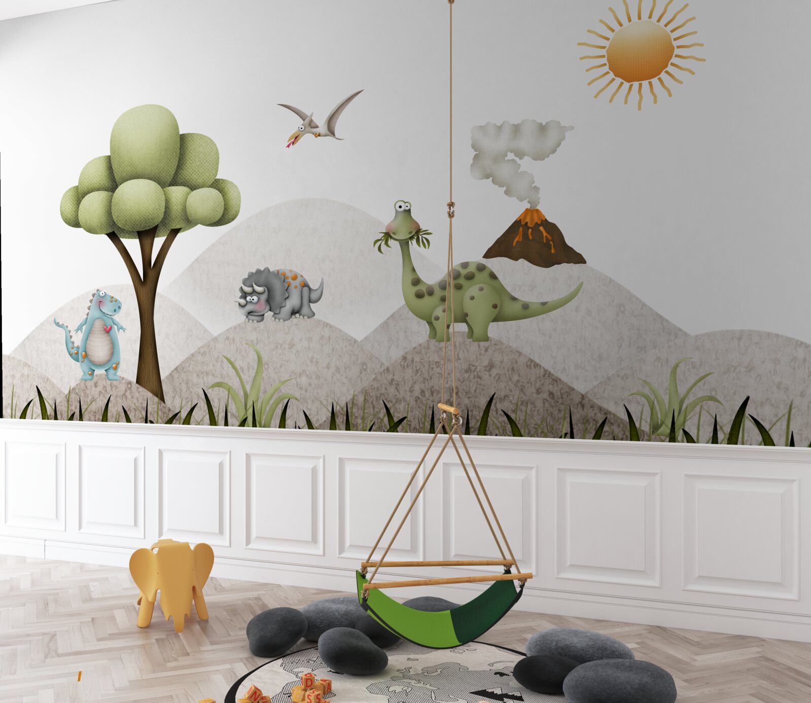 Фотошпалери динозаври гуляють біля вулкана