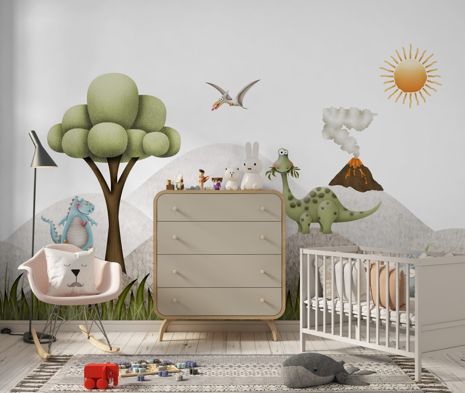 Фотошпалери динозаври гуляють біля вулкана