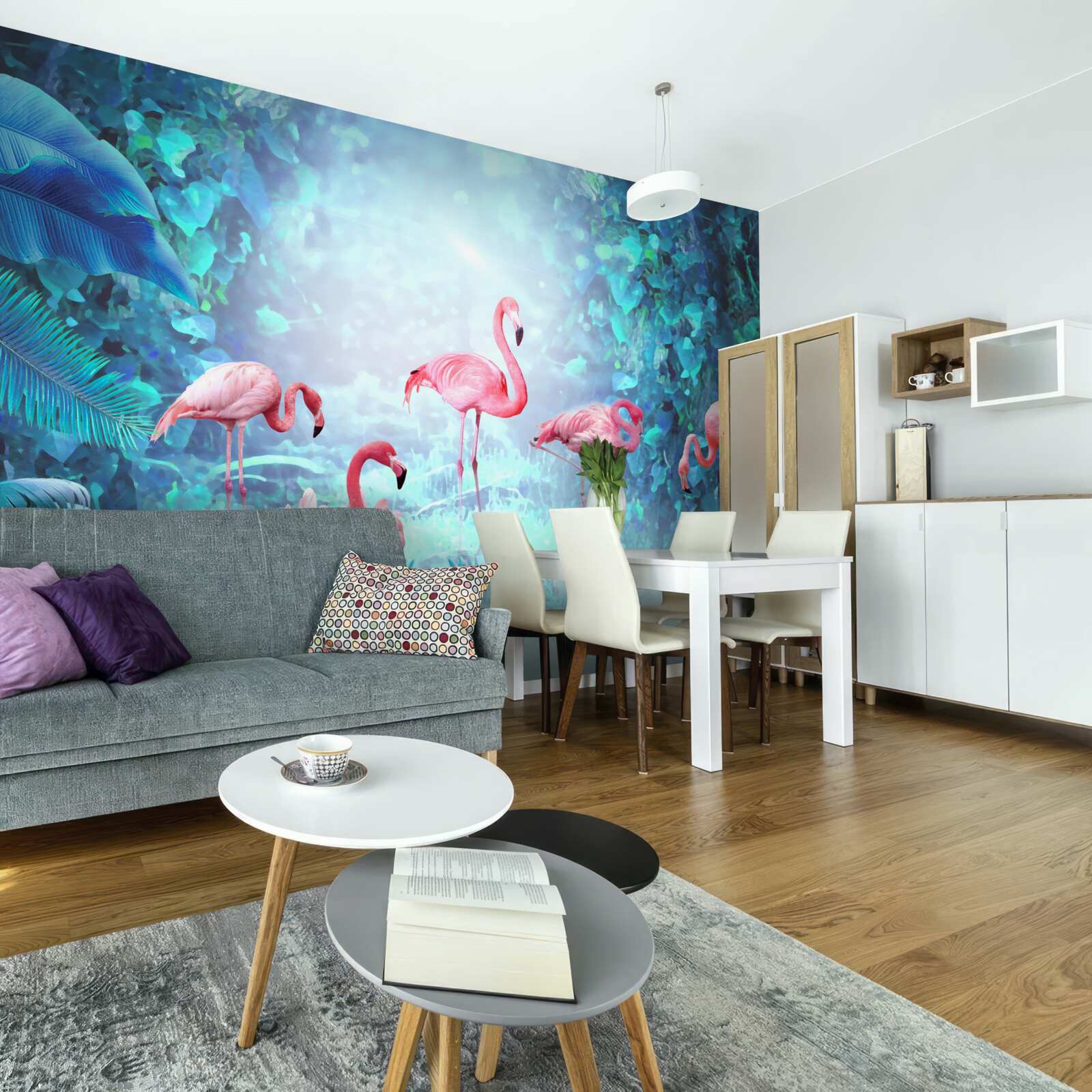 Фотошпалери рожеві фламінго в нічних водах