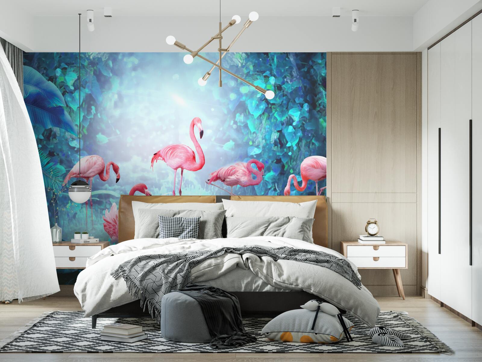 Фотошпалери рожеві фламінго в нічних водах