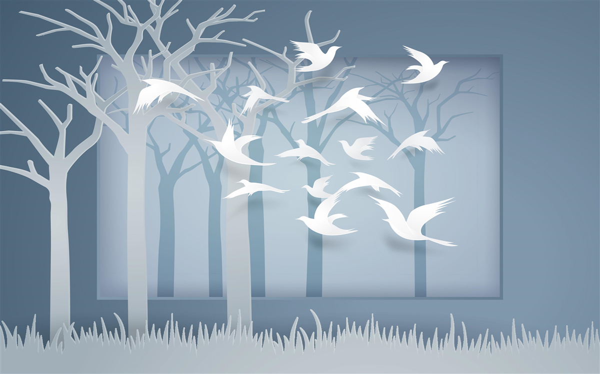 Фотошпалери група легких птахів перетинає небо над нічним чагарником