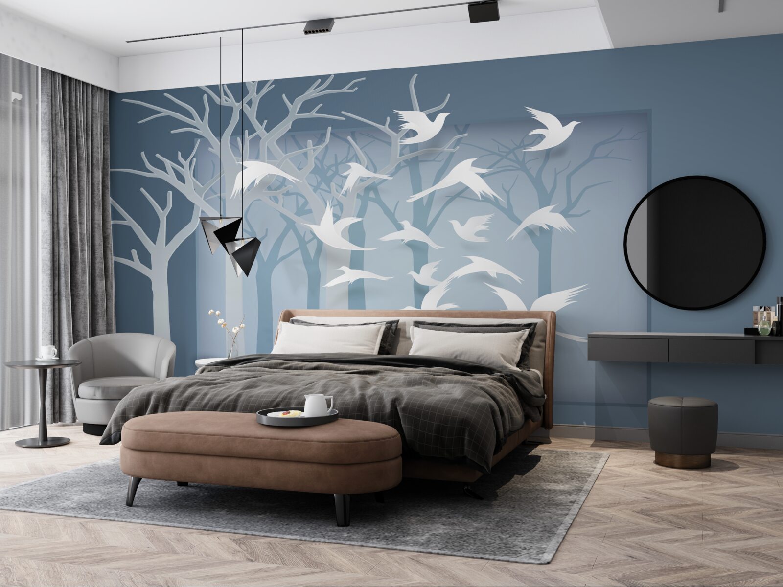 Фотошпалери група легких птахів перетинає небо над нічним чагарником