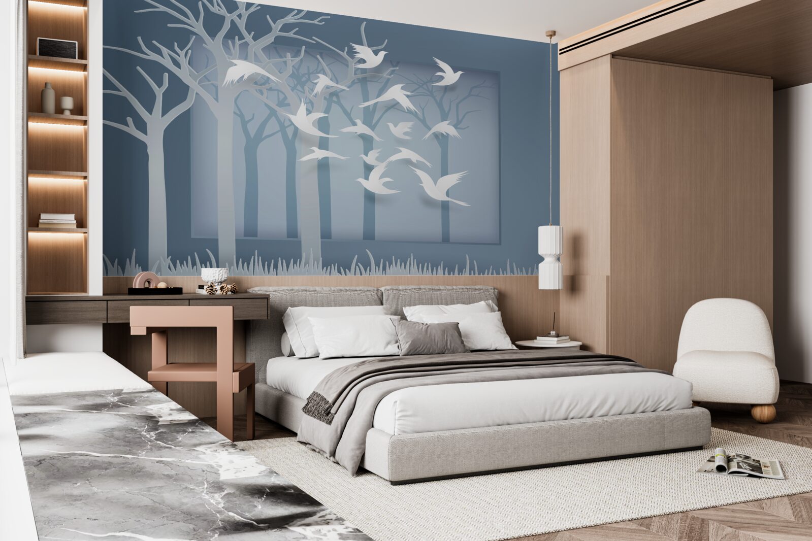 Фотошпалери група легких птахів перетинає небо над нічним чагарником