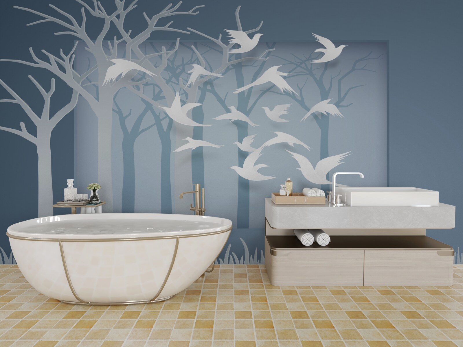 Фотошпалери група легких птахів перетинає небо над нічним чагарником