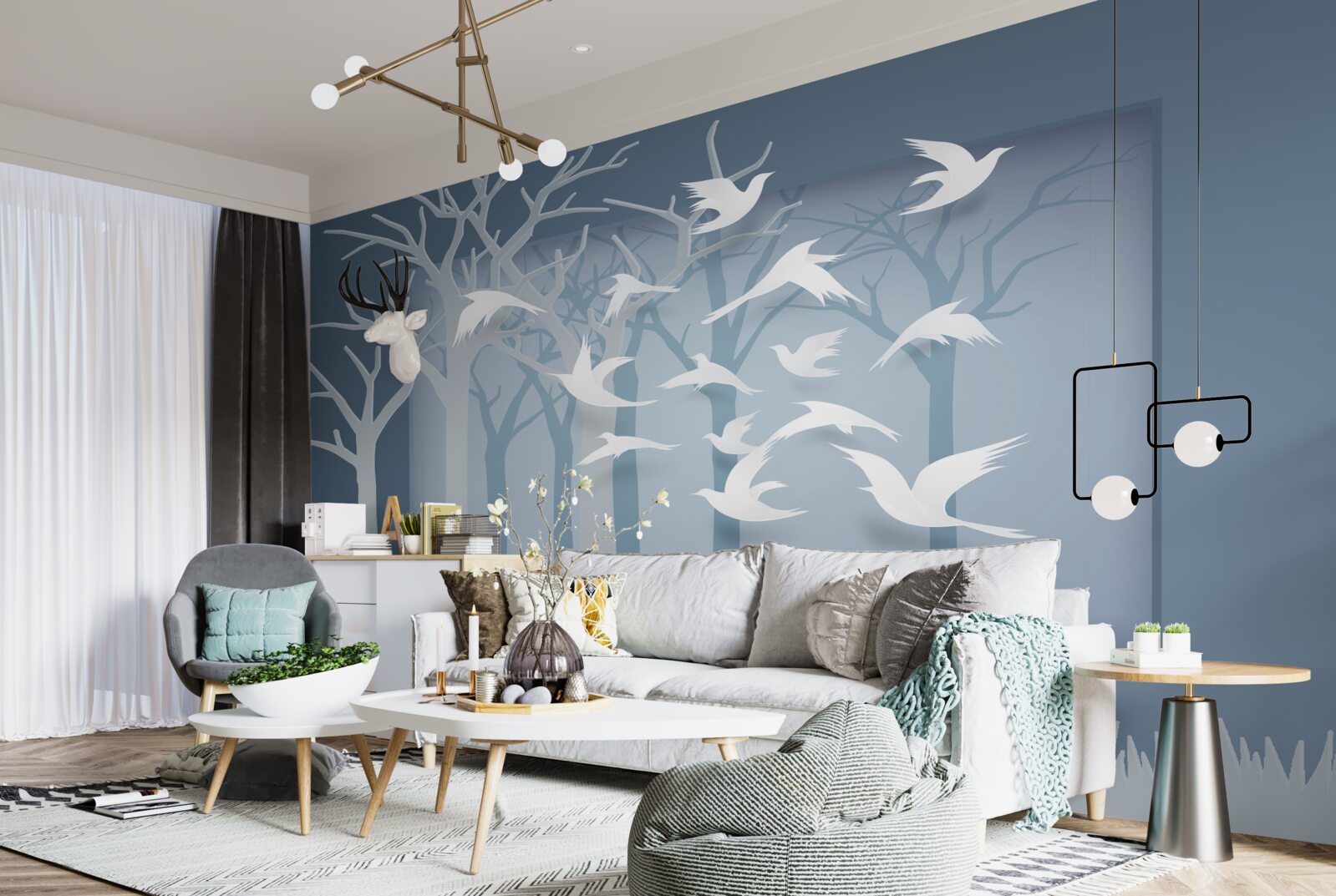 Фотошпалери група легких птахів перетинає небо над нічним чагарником