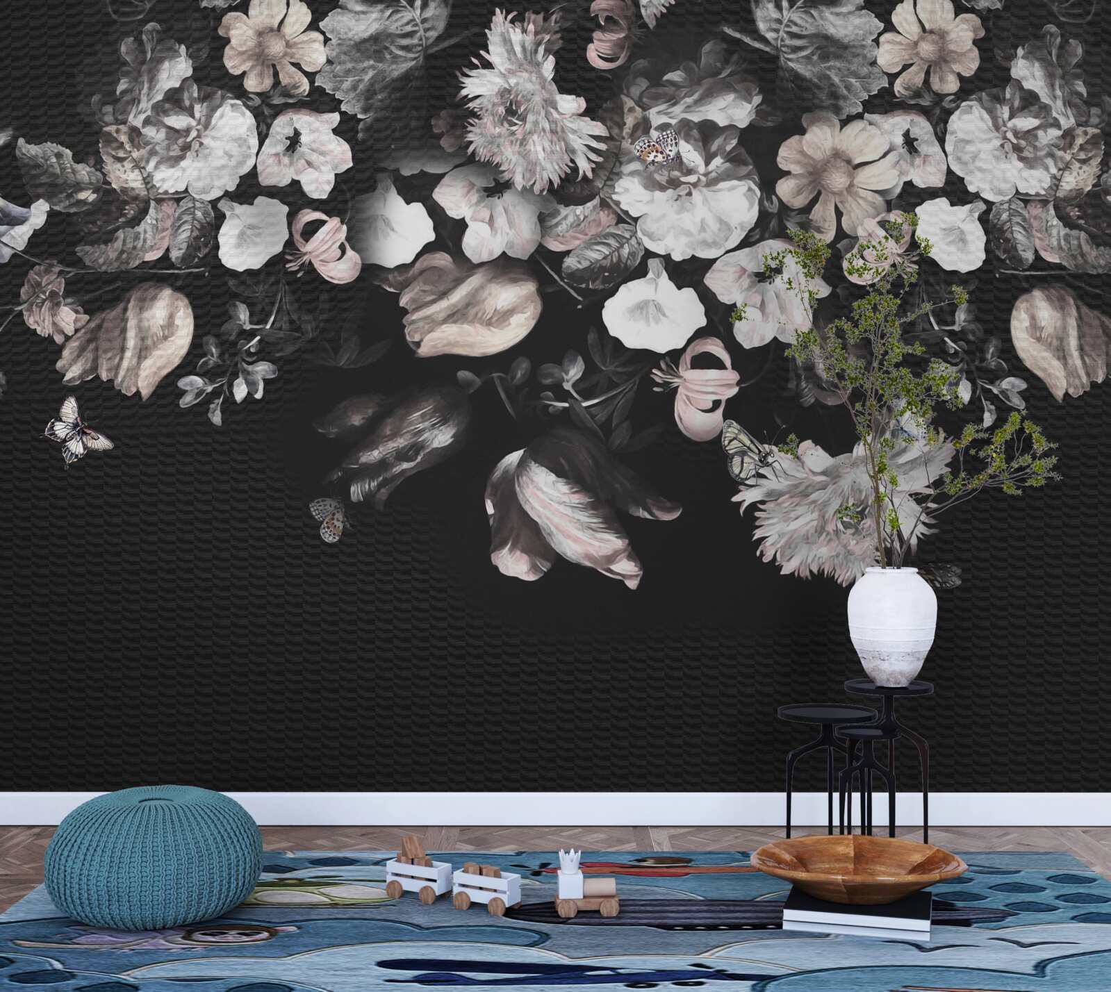 Фотошпалери білі квіткові бутони на темному тлі