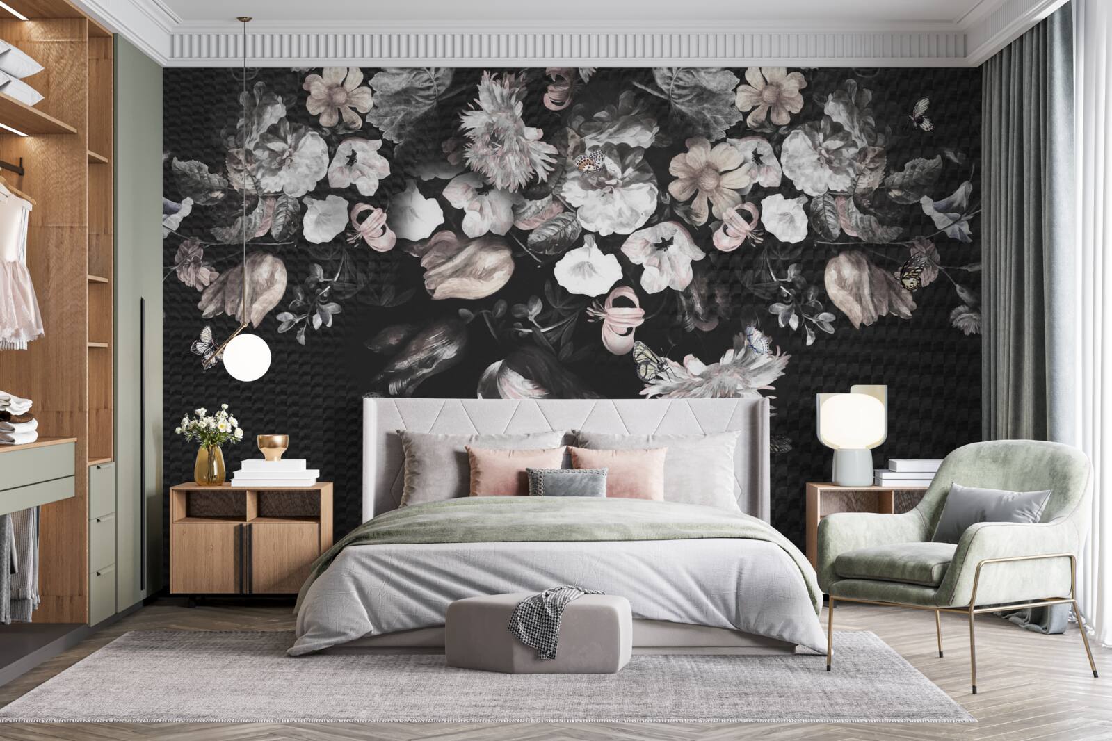 Фотошпалери білі квіткові бутони на темному тлі