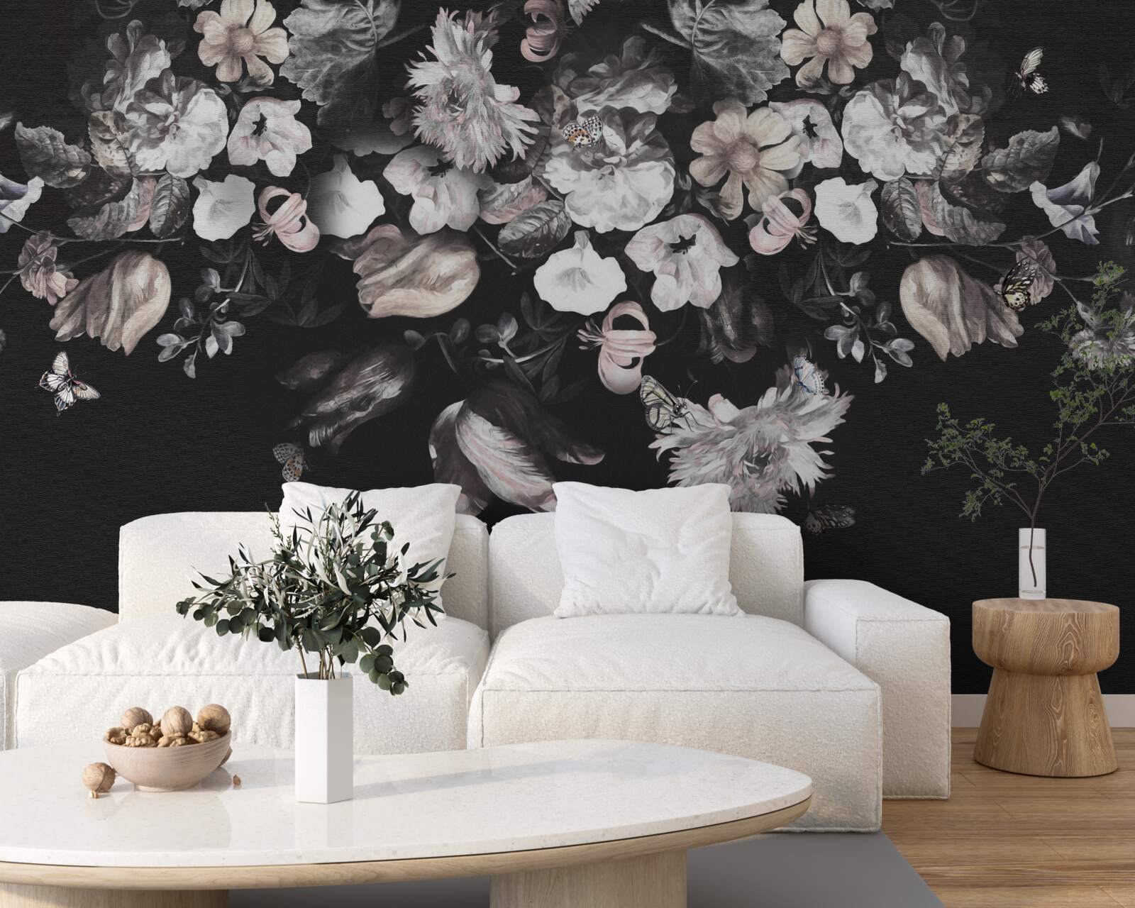 Фотошпалери білі квіткові бутони на темному тлі