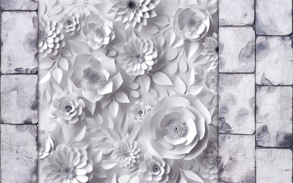 Фотошпалери різнокольорові об'ємні квіти на цегляному тлі