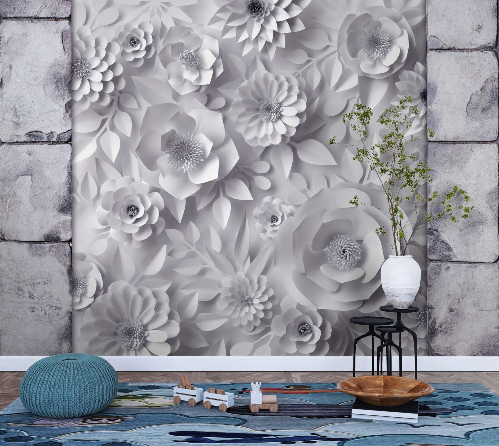 Фотошпалери різнокольорові об'ємні квіти на цегляному тлі