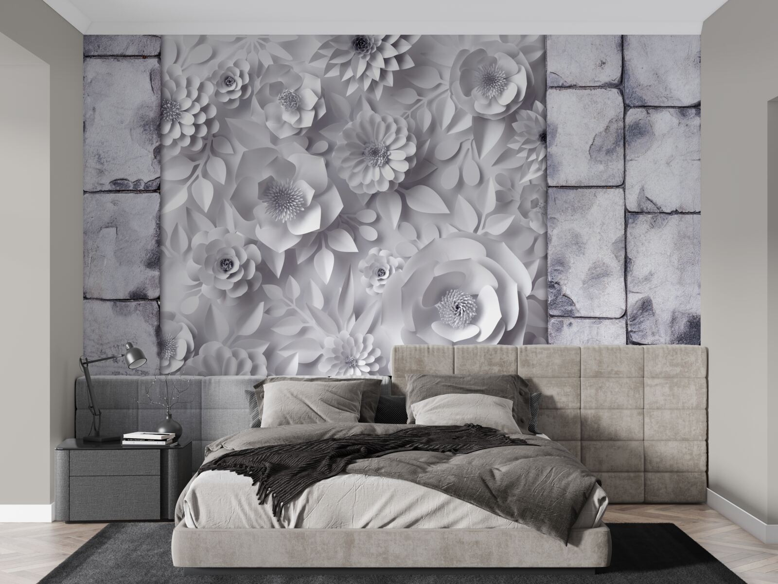 Фотошпалери різнокольорові об'ємні квіти на цегляному тлі