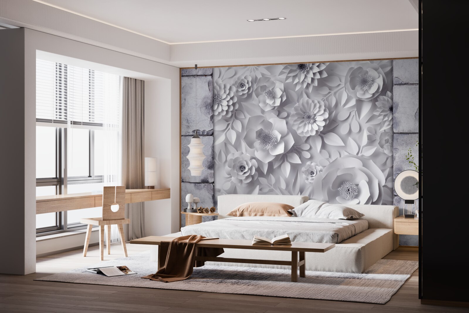 Фотошпалери різнокольорові об'ємні квіти на цегляному тлі