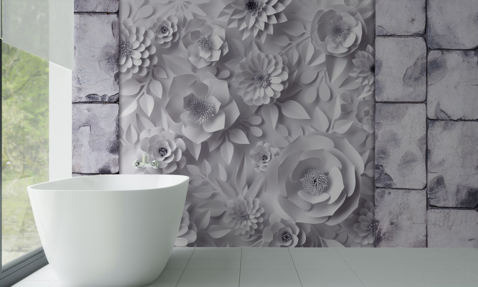 Фотошпалери різнокольорові об'ємні квіти на цегляному тлі