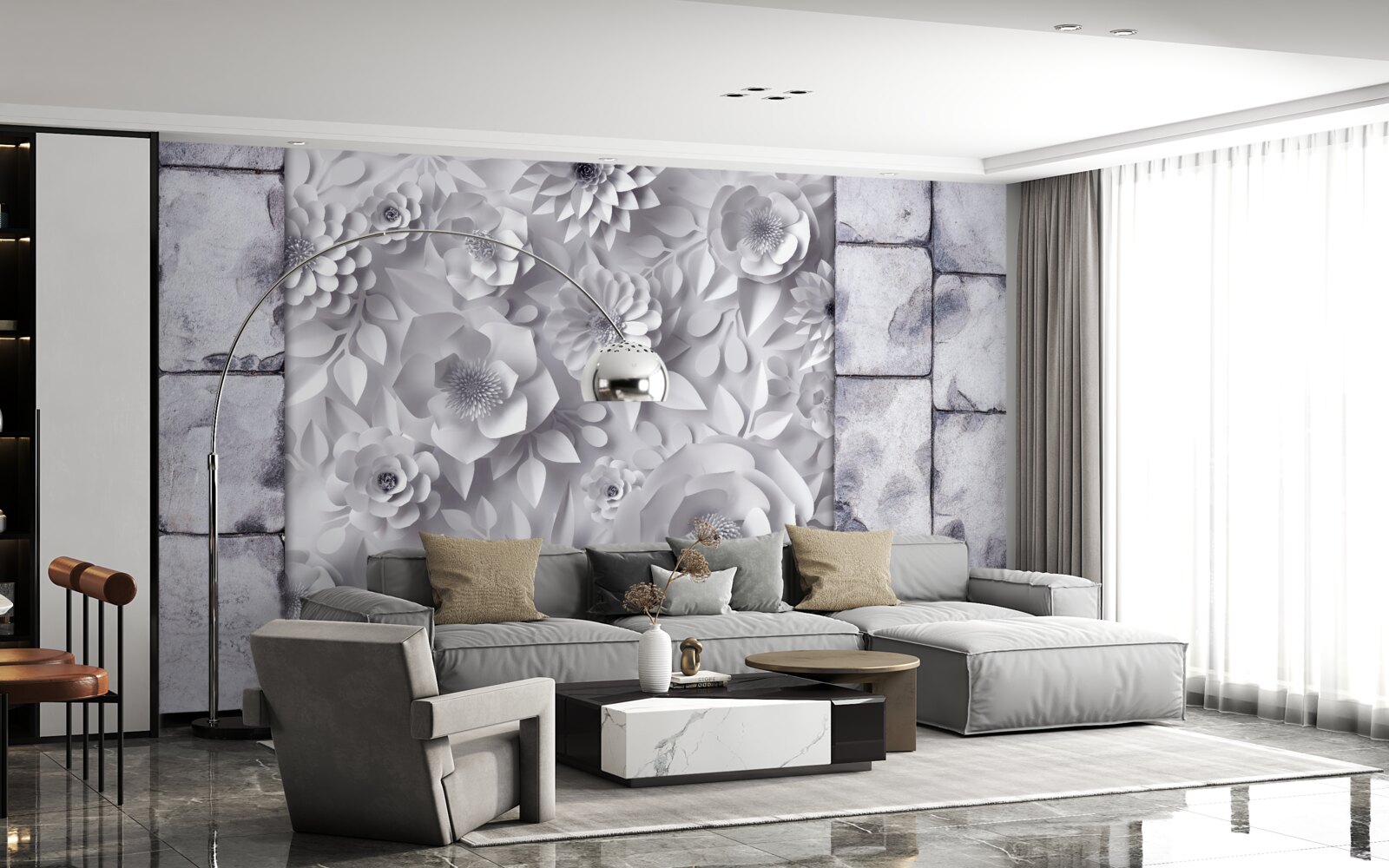 Фотошпалери різнокольорові об'ємні квіти на цегляному тлі