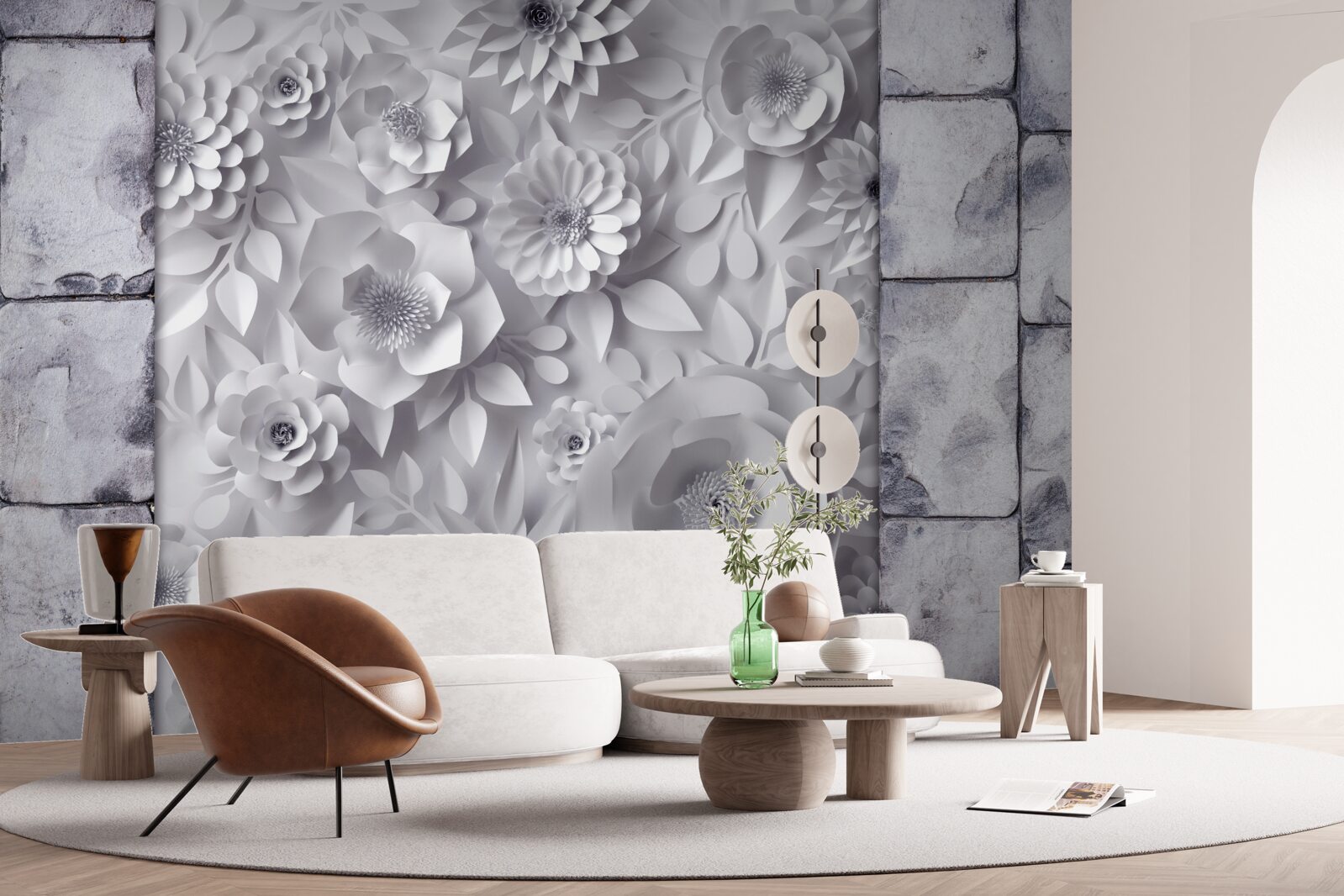 Фотошпалери різнокольорові об'ємні квіти на цегляному тлі