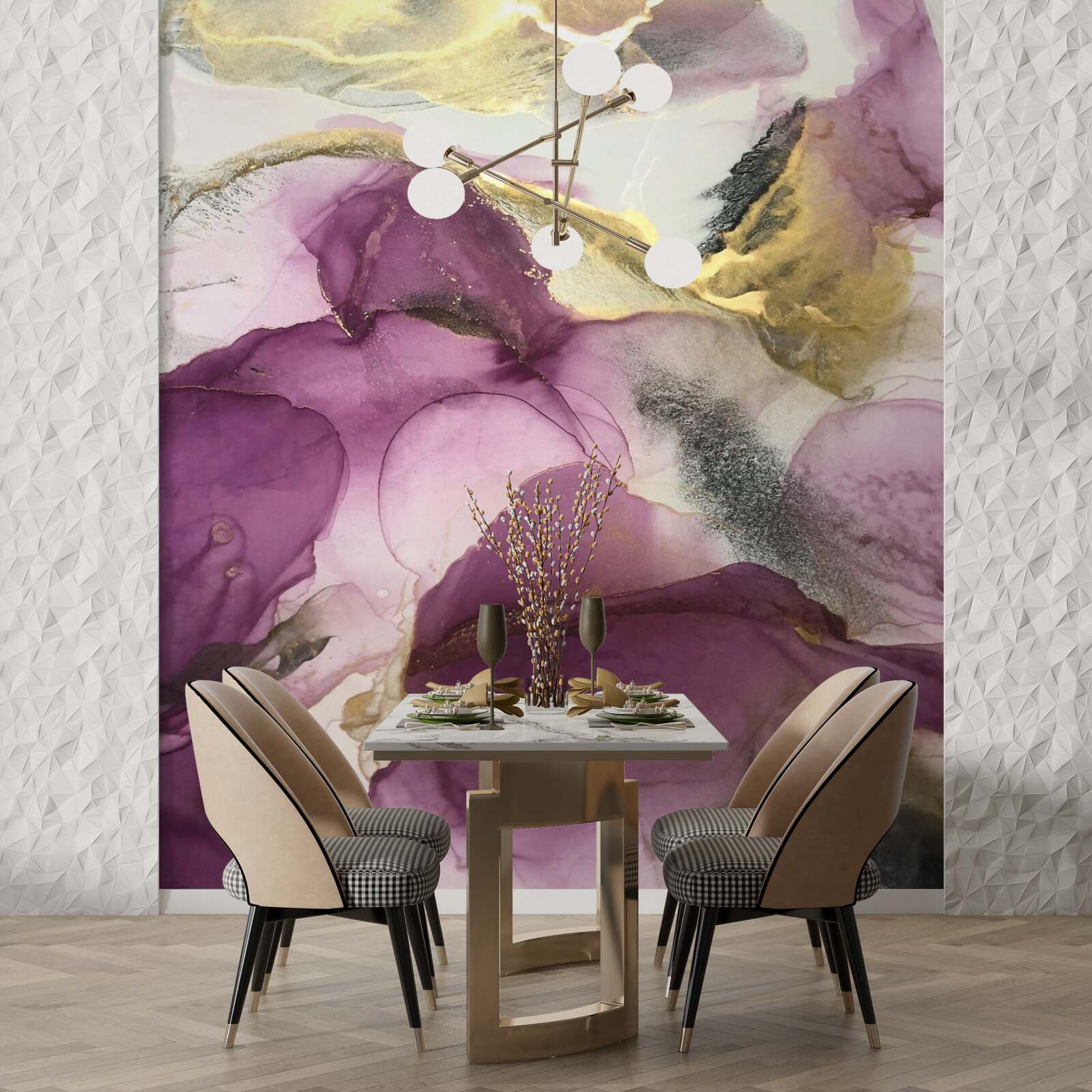 Фотошпалери абстракція у вигляді птахів на фіолетовому листі