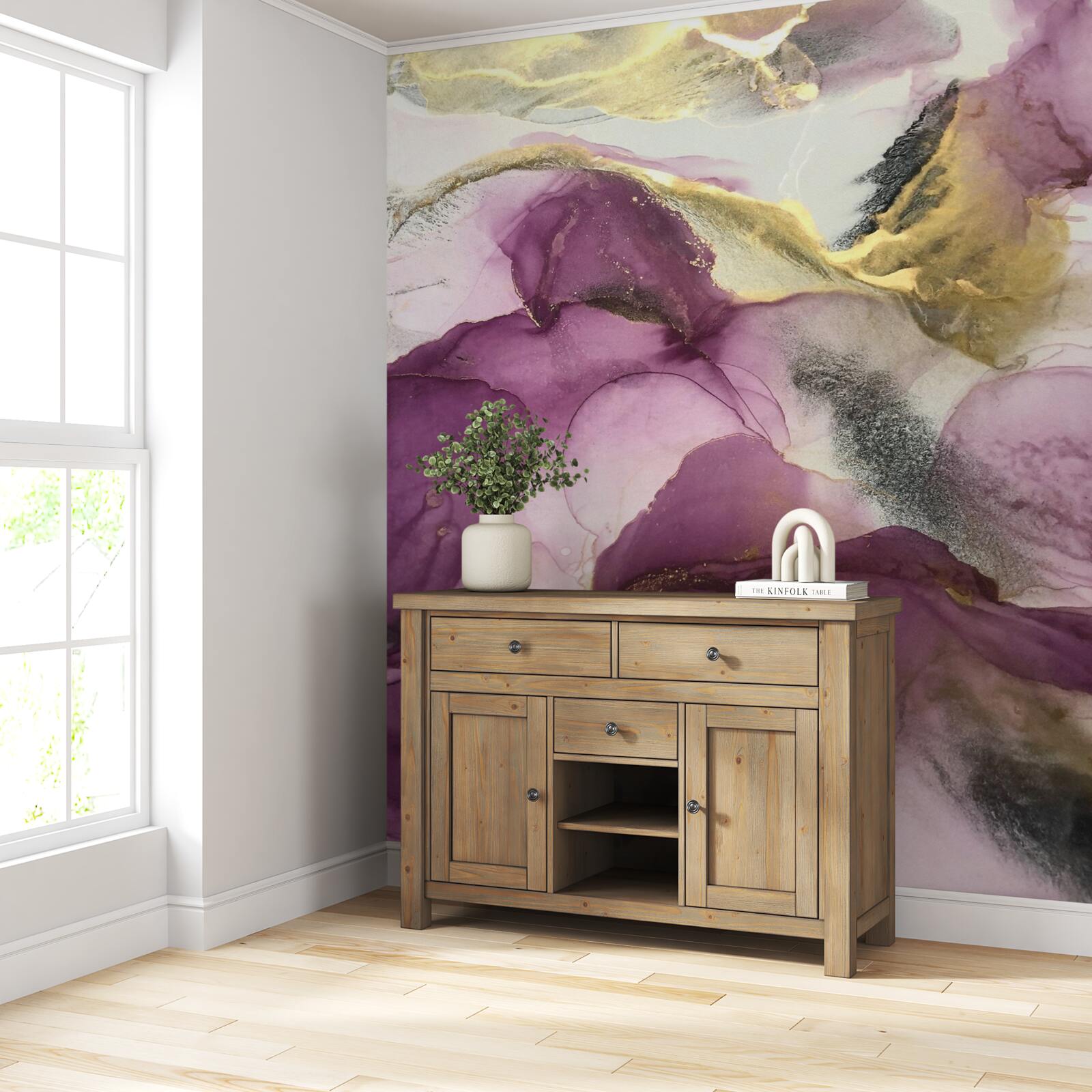 Фотошпалери абстракція у вигляді птахів на фіолетовому листі