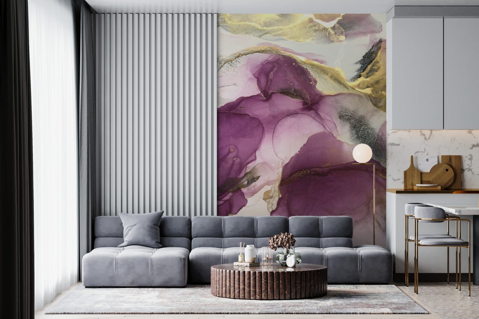 Фотошпалери абстракція у вигляді птахів на фіолетовому листі