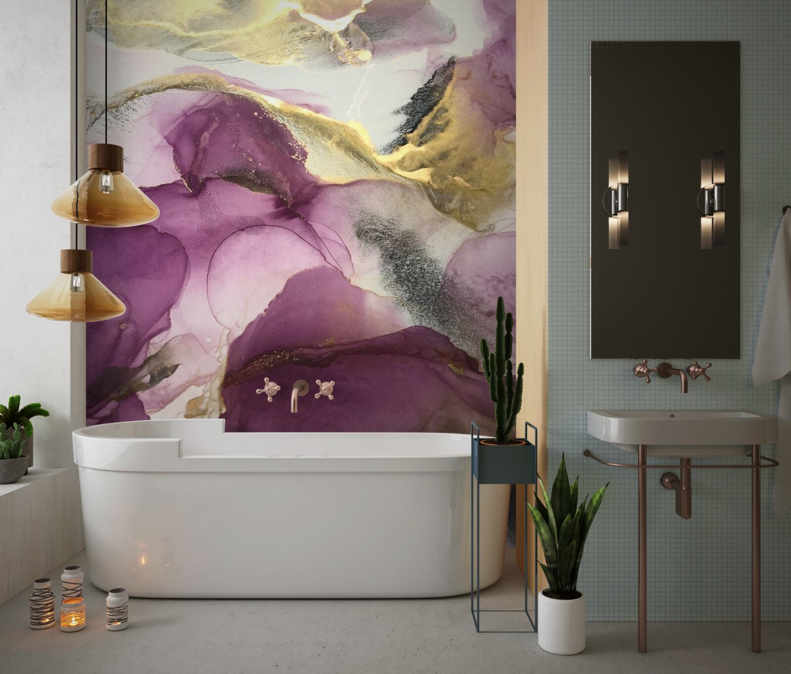 Фотошпалери абстракція у вигляді птахів на фіолетовому листі