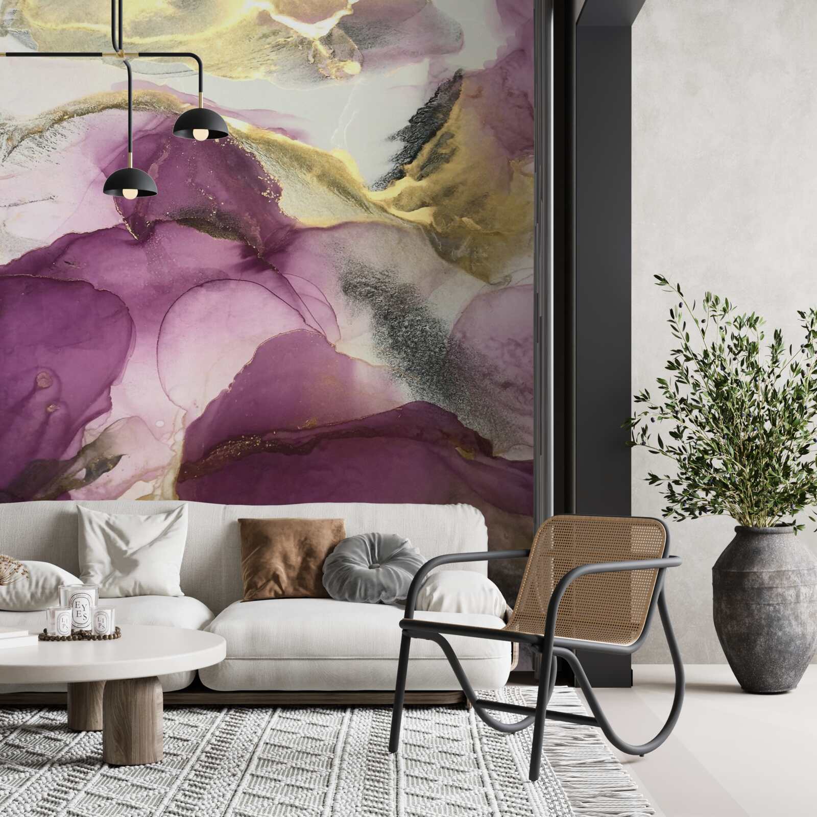 Фотошпалери абстракція у вигляді птахів на фіолетовому листі