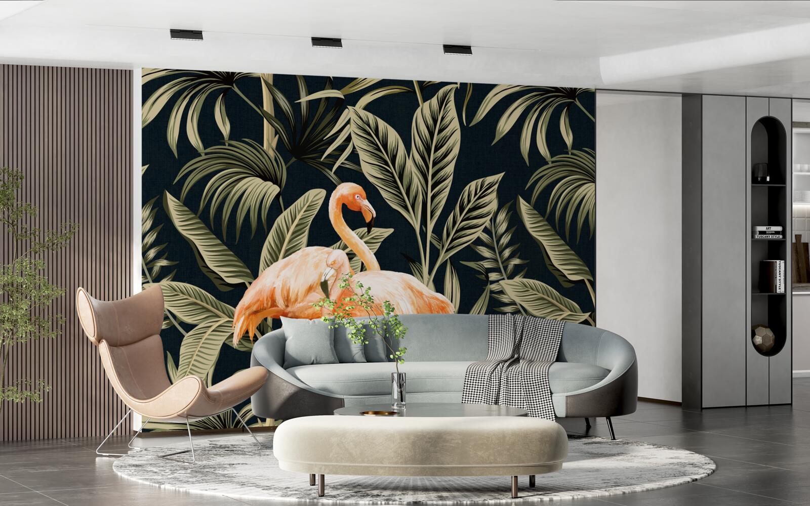 Фотошпалери рожеві фламінго гуляють у лісі