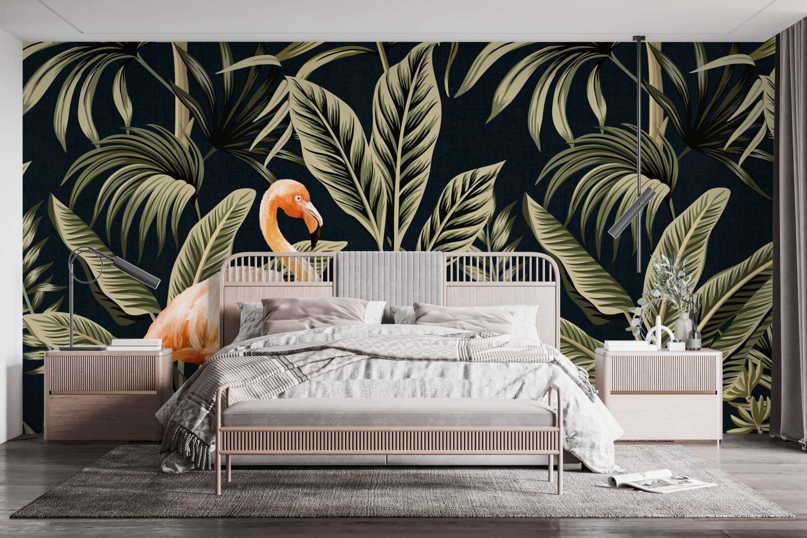 Фотошпалери рожеві фламінго гуляють у лісі