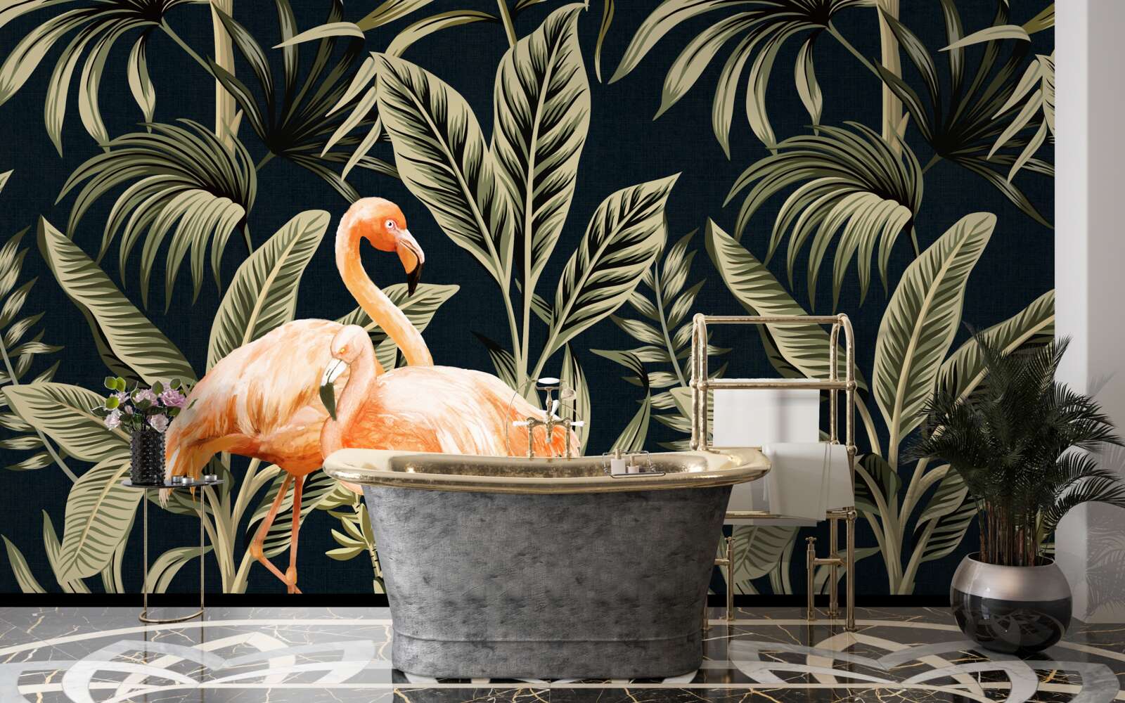 Фотошпалери рожеві фламінго гуляють у лісі