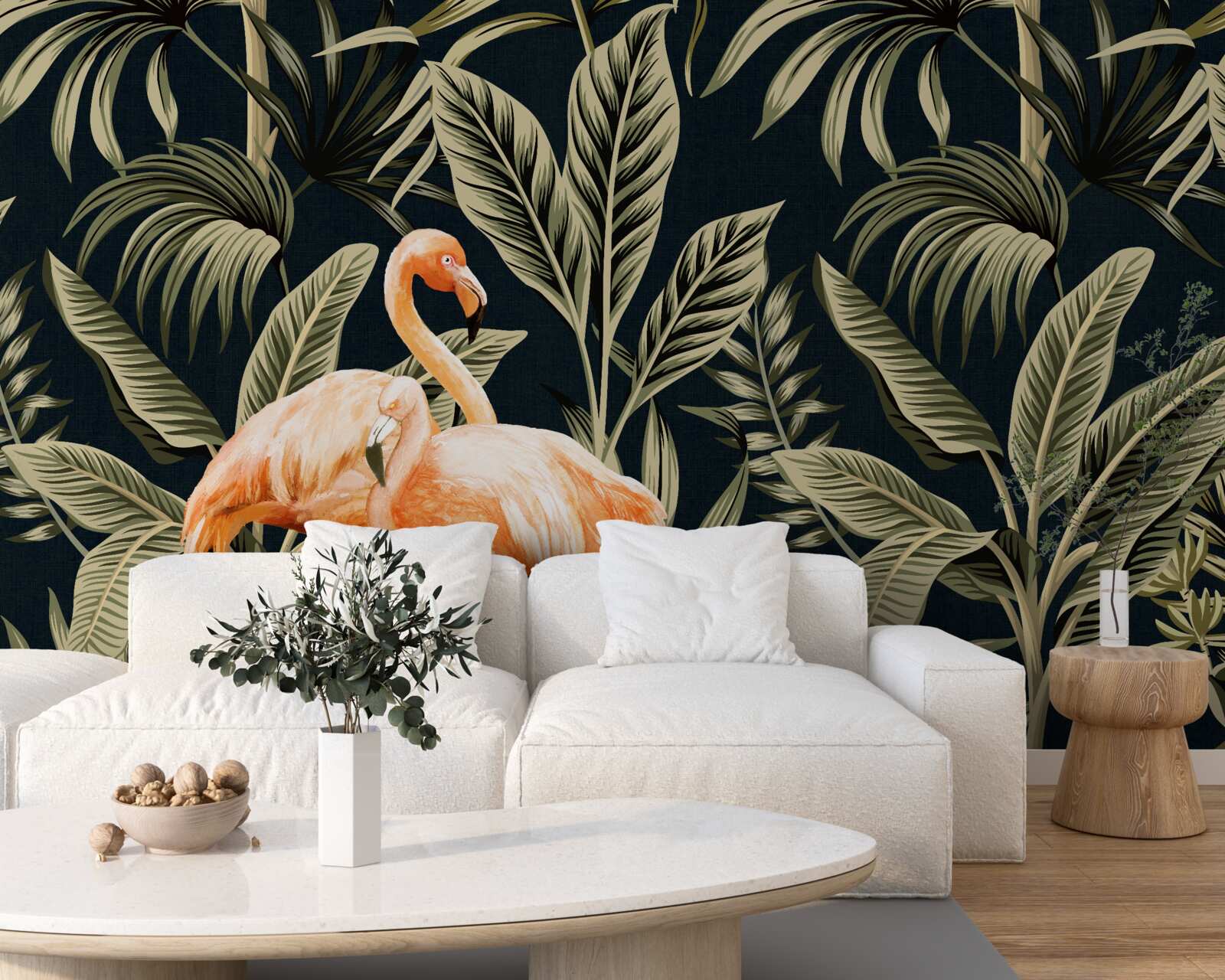 Фотошпалери рожеві фламінго гуляють у лісі