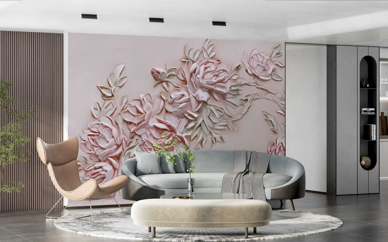 Фотошпалери зелене листя на гілці рожевих квітів